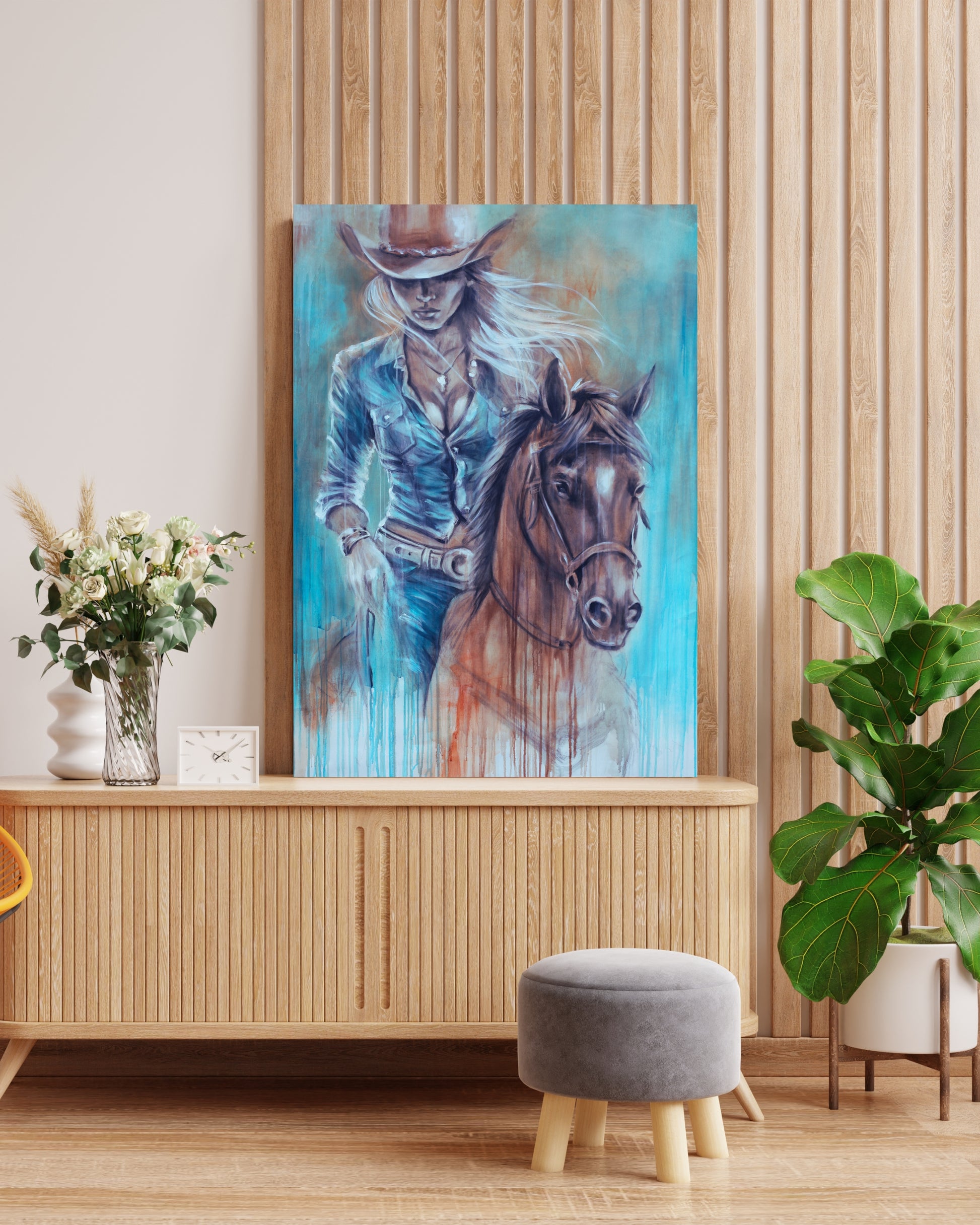 Färgglatt motiv av en kvinna som rider på en häst. Konsttryck av K. Palmnäs Art