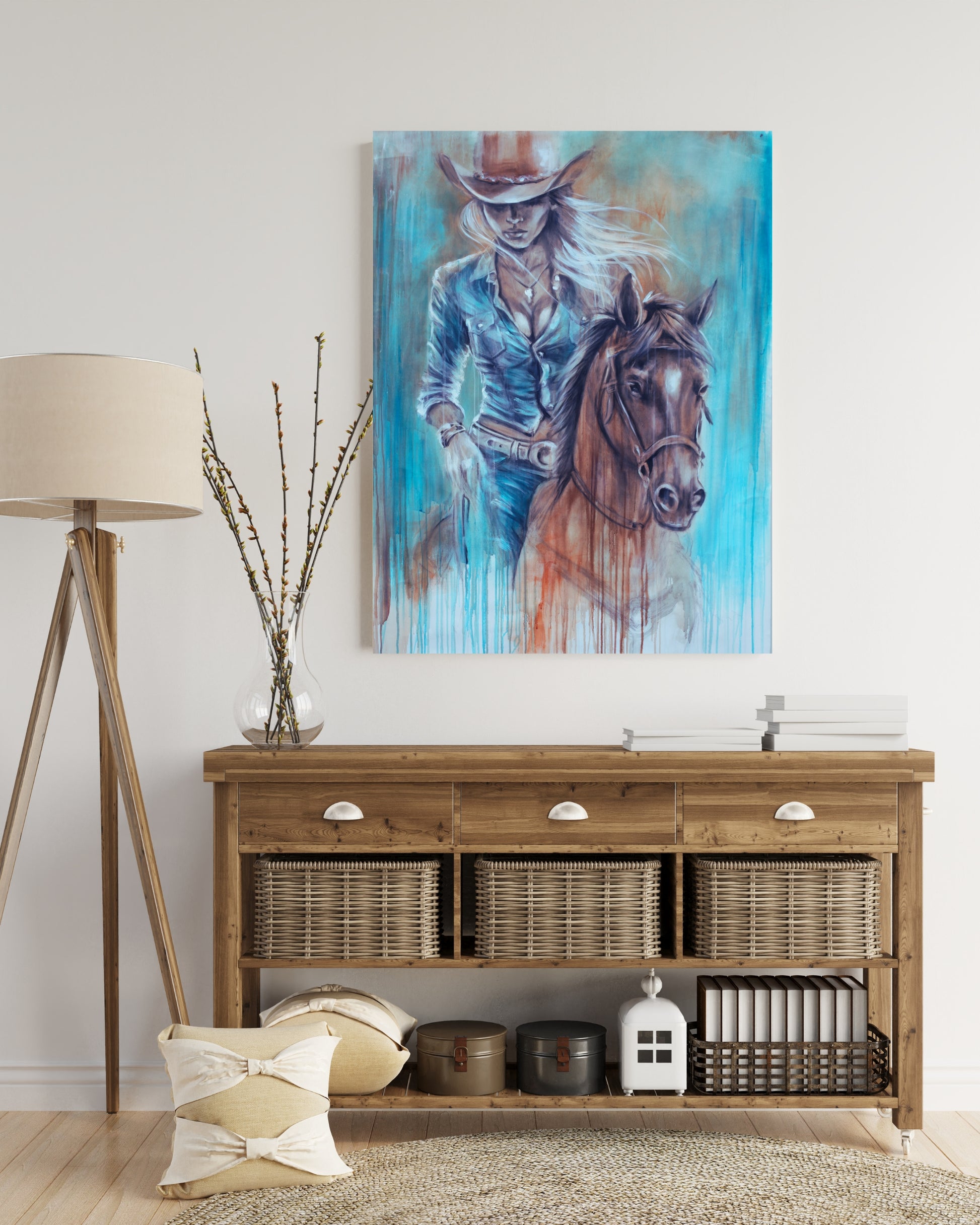 Färgglatt motiv av en kvinna som rider på en häst. Konsttryck av K. Palmnäs Art